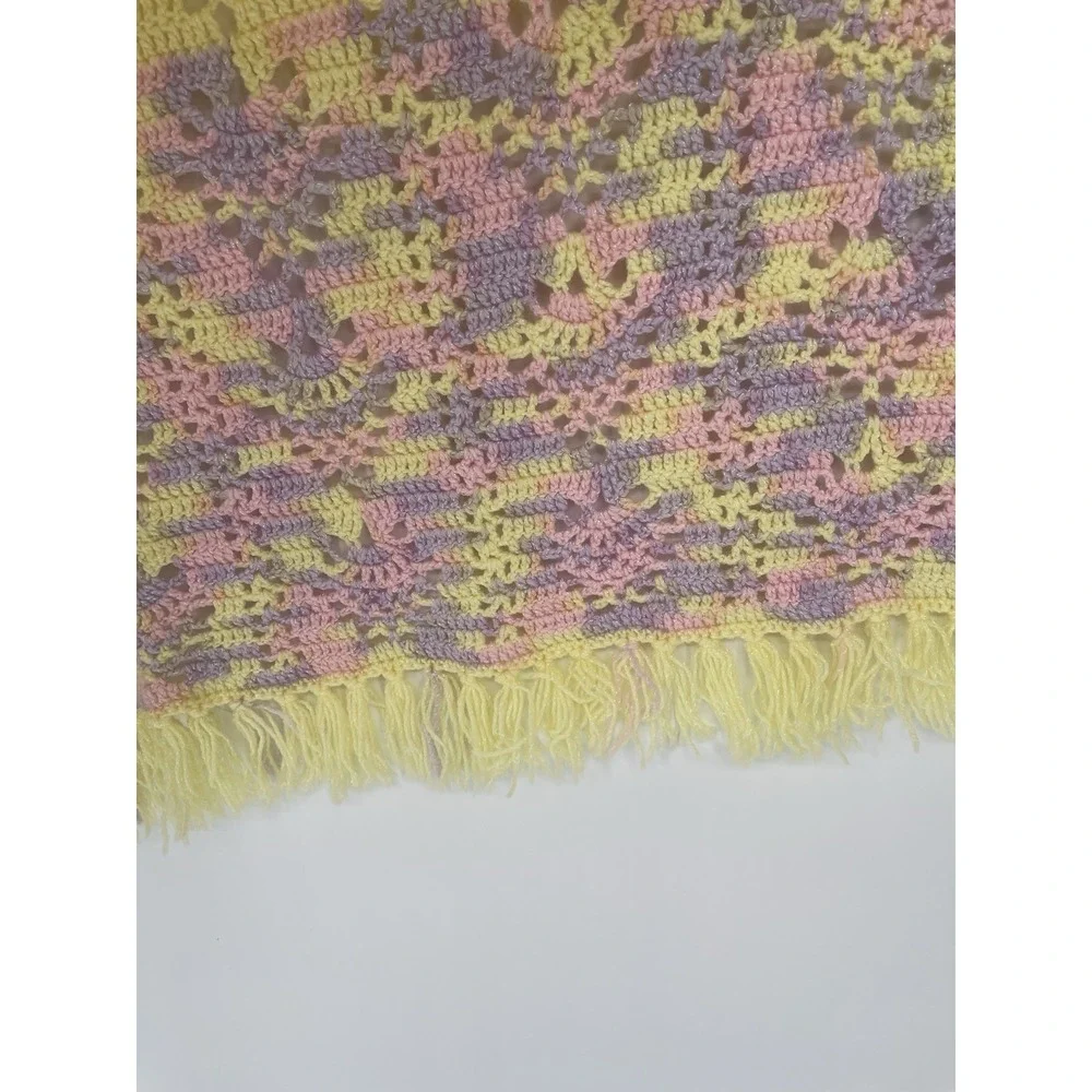 Vintage Afghan Hand Crochet Baby Girl Colors With Fringe Blanket.‎